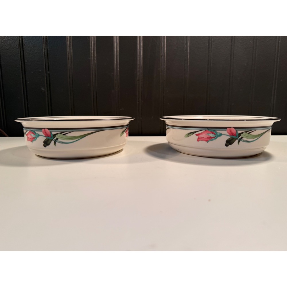 Lenox Midnight Blossoms Chinastone Cereal Bowls Set of 2 Pink Floral Black Trim
